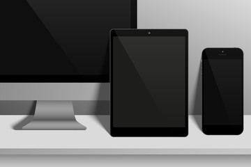 Wall Mural - set of realistic computer monitors, tablets and mobile phones. electronic gadgets on light backgroun
