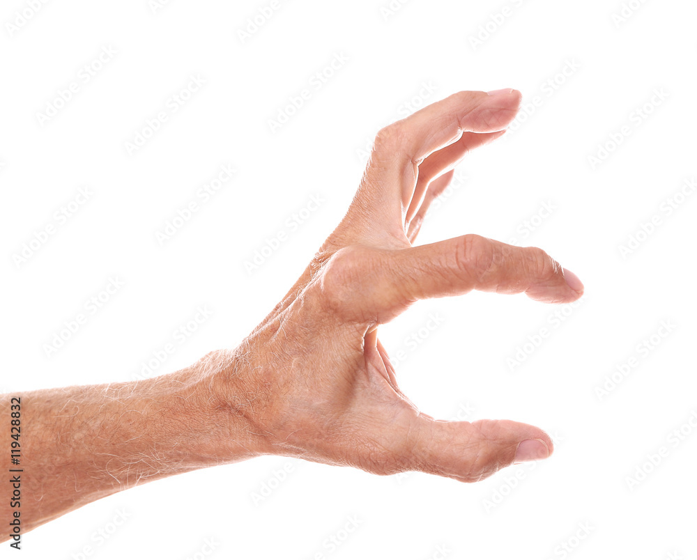 Old man  hand on a white background