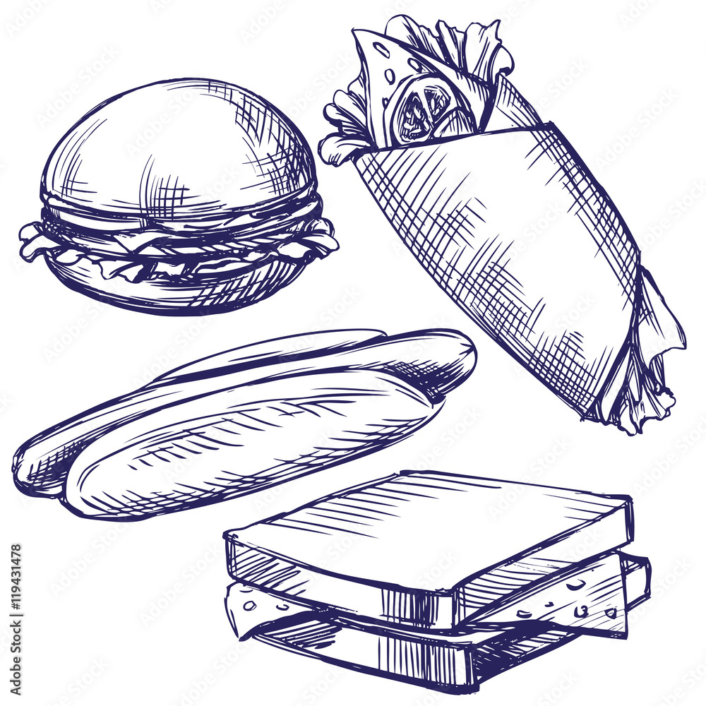 fast food set hand drawn vector llustration realistic sketch Stock ...