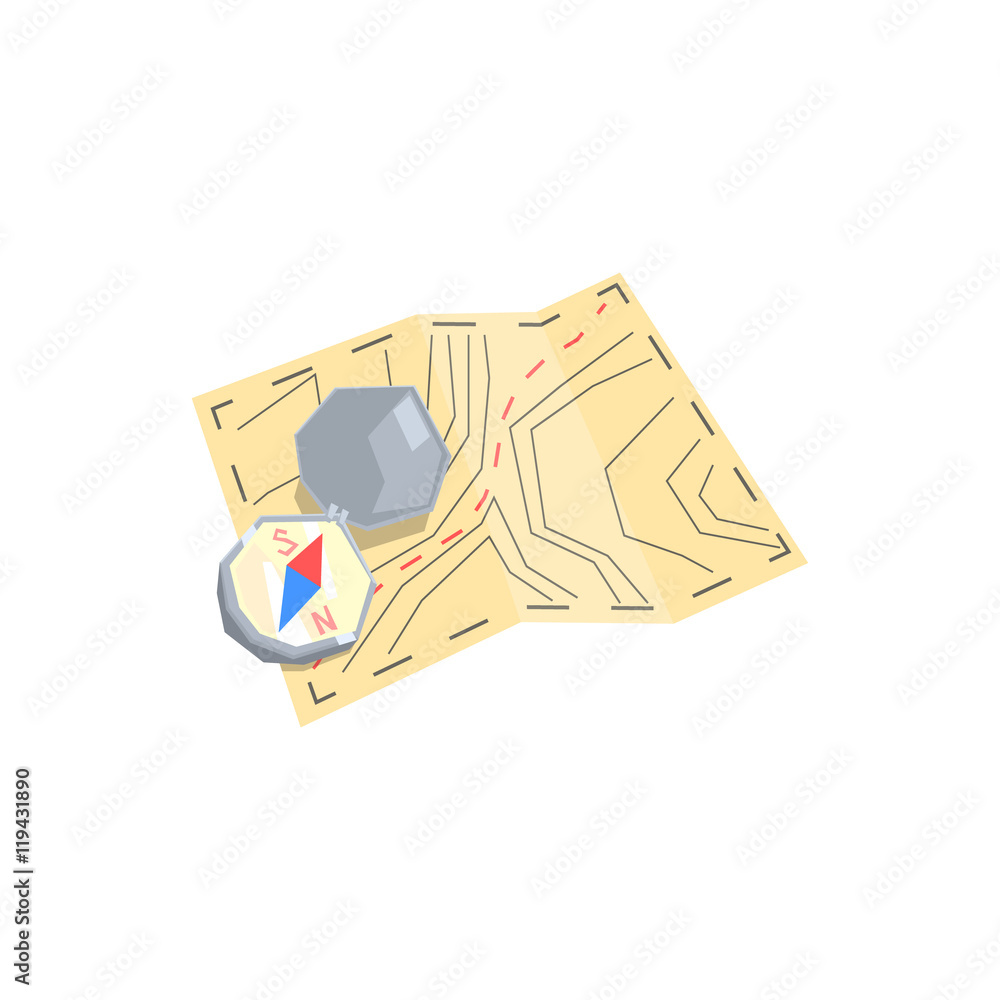 Paper Map And Compass Camping Orientation Kit Stock Vector | Adobe Stock