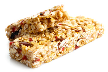 Poster - One and half muesli bars isolated on white.