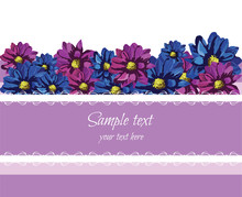 Purple Lace Greeting Card With Spring Summer Colorful Flowers Vector. Lavender Color