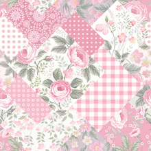 Decorative Patchwork Floral Pattern With Roses In Pastel Colors