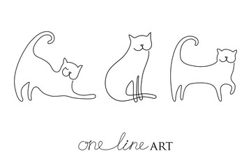 Vector set with cat silhouette in black isolated on white background. Cats in minimalism or one line art style. Primitive art for stylized tattoo and simple decor.