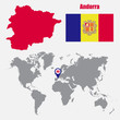 Andorra map on a world map with flag and map pointer. Vector illustration