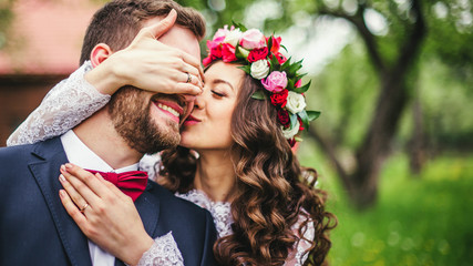 Wedding couple embracing each other