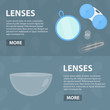 Vector flat banners of ophthalmic lenses for website. Business concept of eye care and ophthalmologist profession. Set of isolated lenses equipment.