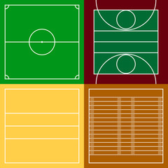 Wall Mural - Top view of sport fields vector illustration set. Grounds for american football, basketball, volleyball, soccer ball. Team games symbols. Sports stadium signs