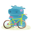 Kid Cute Hippo with Bicycle Childish Cartoon
