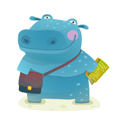 Canvas Print - Hippopotamus Kid Student with Book and Bag Going to School