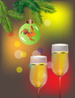 Векторное изображение веток ели, бокалов с шампанским, елочной игрушки,Открытка к Новому Году.