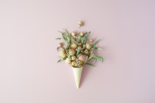 Waffle Cone With Roses Bouquet On Pink Background, Flat Lay, Top View