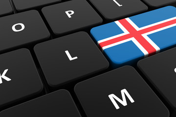 Computer keyboard, close-up button of the flag of Iceland. 3D render of a laptop keyboard