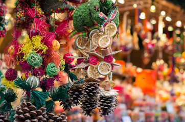 Christmas market. Decorations made of natural materials.