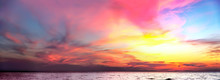 Tropical Colorful Dramatic Sunset With Cloudy Sky. Evening Calm On The Gulf Of Thailand. Bright Afterglow.