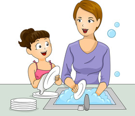 Poster - Kid Girl Mom Wash Dishes