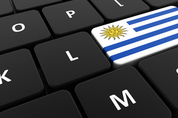 Computer keyboard, close-up button of the flag of Uruguay. 3D render of a laptop keyboard