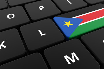 Computer keyboard, close-up button of the flag of South Sudan. 3D render of a laptop keyboard