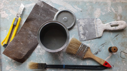 Painter tools ready to use. Spatula, brushes,primer, knife and sandpaper