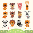 Vector set smiling animals. Collection isolated funny animals in cartoon style. Little animals: forest, farm, africa, asia
