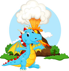 Wall Mural - Cute dragon cartoon with volcano background