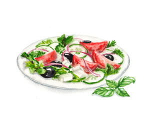 Hand drawn watercolor illustration of Greek salad on the plate isolated on the white background