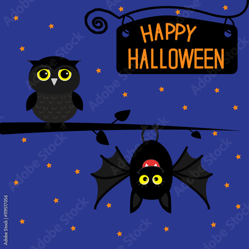 Happy Halloween Card Bat Hanging On Tree Wrought Iron Sign Board