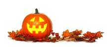 Halloween Jack O Lantern With Autumn Leaf Border Isolated On A White Background