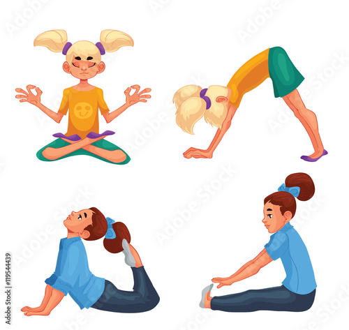 Set with blond and brown haired girls doing yoga, cartoon style vector ...