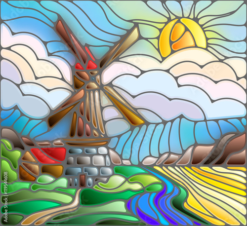 Naklejka - mata magnetyczna na lodówkę The image in the stained glass style landscape with a windmill on a background of sky and sun