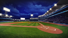Illuminated Modern Baseball Stadium With Spectators And Green Grass