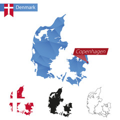 Wall Mural - Denmark blue Low Poly map with capital Copenhagen.