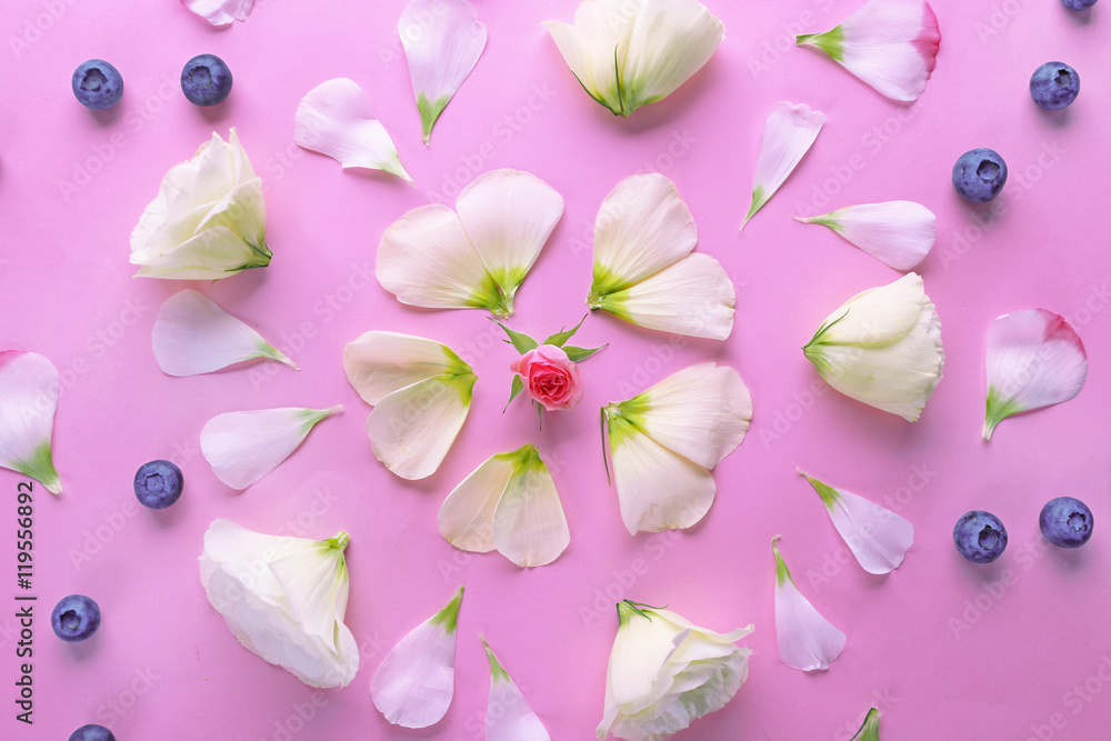 Tender colorful pattern made of blueberries and flowers