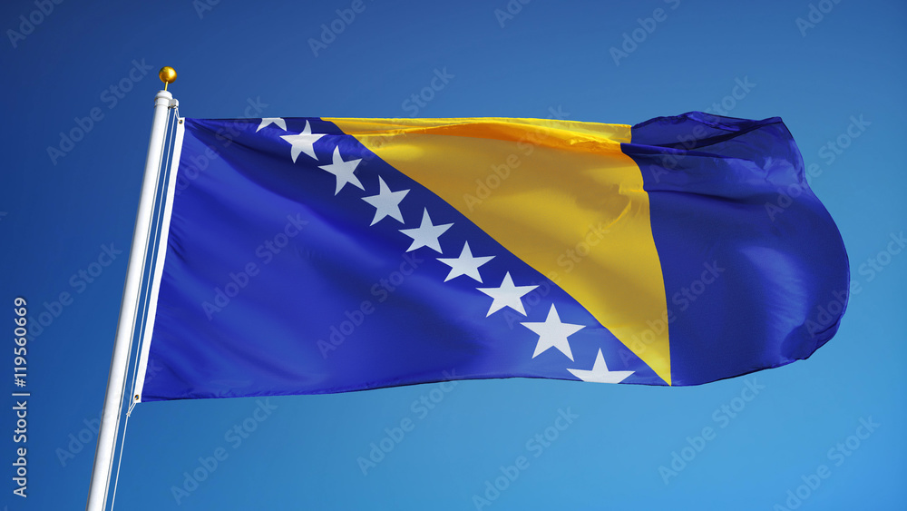 Bosnia and Herzegovina flag waving against clean blue sky, close up ...