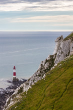 Beachy Head Lighthouse And Cliffs On Sunset Near Eastbourne. 