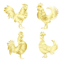 Set Of Chinese 2017 New Year Of The Rooster Symbols. Gold Metallic Roosters Collection. Hand Drawing Bird With Gradients. Chinese Calendar Zodiac. Rooster Golden Silhouette Bundle.