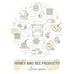  Flat line illustration of honey and bee products for card, advertising flyer , poster or website. Concept for catalog design, advertising cards and printed materials. Template for banner.