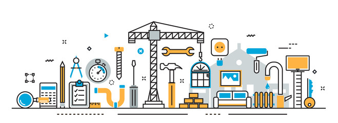 Wall Mural - flat line vector design illustration concept of house and home remodel process, repair service, buil