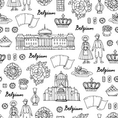  Vector seamless pattern with hand drawn symbols of Belgium on white color