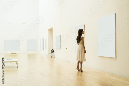 Fotografie, Obraz Young woman is looking at the painting in the museum