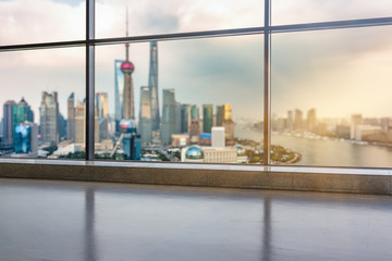 Sticker - shanghai cityscape seen through window,digitally generated image.