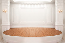 Stage Of Auditorium With Wooden Floor.