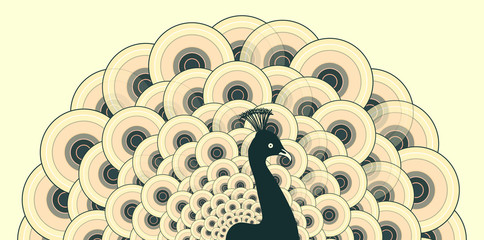 stylized peacock with an open tail in a sepia color palette