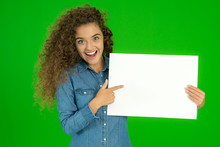 The Young Woman Show Empty Sheet Of Paper The Green Background