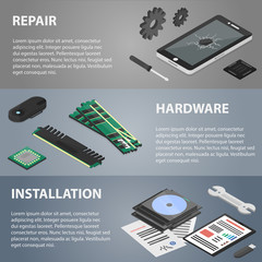 Vector isometric banners of repair, hardware and installation for website. Business concept of computer marketing store and repair. Posters of fixing electronics. Set of devices and tech components.