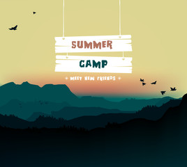 summer camp, themed camp and vacation poster illustration