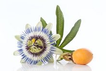 Passiflora Flower With Ripe Passion Fruit Isolated On White Background