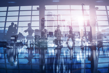 business background, people walking in airport, double exposure