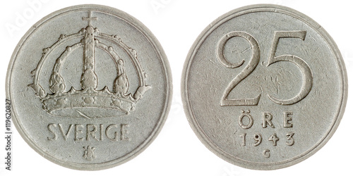 Poster 25 ore 1943 coin isolated on white background, Sweden