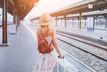 Summer Travel, Woman With Suitcase Waiting For  Her Train On Platform Of Railway Station